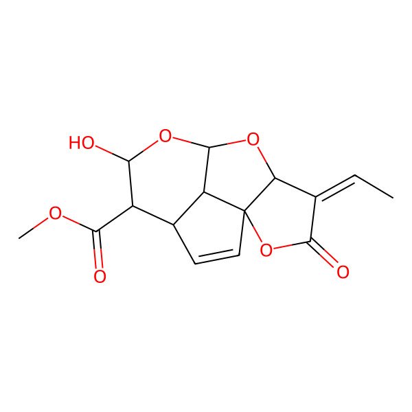 2D Structure of Methyl 11-ethylidene-6-hydroxy-12-oxo-7,9,13-trioxatetracyclo[6.5.1.01,10.04,14]tetradec-2-ene-5-carboxylate