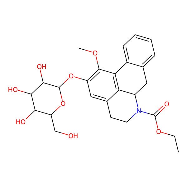 2D Structure of ethyl 1-methoxy-2-[3,4,5-trihydroxy-6-(hydroxymethyl)oxan-2-yl]oxy-5,6,6a,7-tetrahydro-4H-dibenzo[de,g]quinoline-6-carboxylate