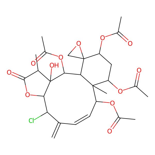 2D Structure of [(1S,2R,3R,4S,7S,8S,10E,12R,13S,14R,16R,17R)-2,12,16-triacetyloxy-8-chloro-3-hydroxy-4,13-dimethyl-9-methylidene-5-oxospiro[6-oxatricyclo[11.4.0.03,7]heptadec-10-ene-17,2'-oxirane]-14-yl] acetate