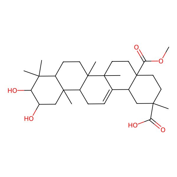 2D Structure of 10,11-Dihydroxy-4a-methoxycarbonyl-2,6a,6b,9,9,12a-hexamethyl-1,3,4,5,6,6a,7,8,8a,10,11,12,13,14b-tetradecahydropicene-2-carboxylic acid