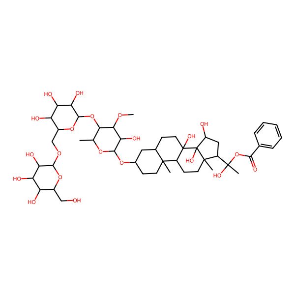 2D Structure of [(1S)-1-hydroxy-1-[(3S,8S,9R,10S,13R,14S,15R,17S)-8,14,15-trihydroxy-3-[(2R,3R,4R,5S,6R)-3-hydroxy-4-methoxy-6-methyl-5-[(2S,3R,4S,5S,6R)-3,4,5-trihydroxy-6-[[(2R,3R,4S,5S,6R)-3,4,5-trihydroxy-6-(hydroxymethyl)oxan-2-yl]oxymethyl]oxan-2-yl]oxyoxan-2-yl]oxy-10,13-dimethyl-2,3,4,5,6,7,9,11,12,15,16,17-dodecahydro-1H-cyclopenta[a]phenanthren-17-yl]ethyl] benzoate