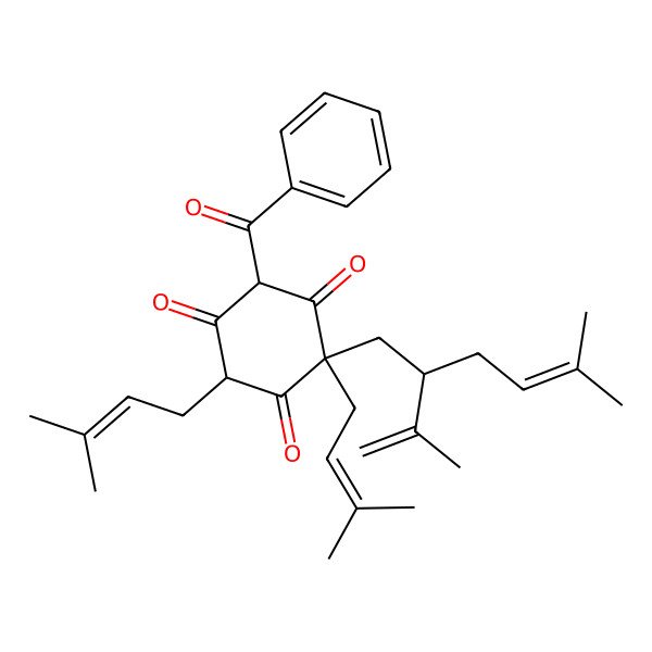 2D Structure of 4-Benzoyl-2,6-bis(3-methylbut-2-enyl)-2-(5-methyl-2-prop-1-en-2-ylhex-4-enyl)cyclohexane-1,3,5-trione 2D Structure of 4-Benzoyl-2,6-bis(3-methylbut-2-enyl)-2-(5-methyl-2-prop-1-en-2-ylhex-4-enyl)cyclohexane-1,3,5-trione