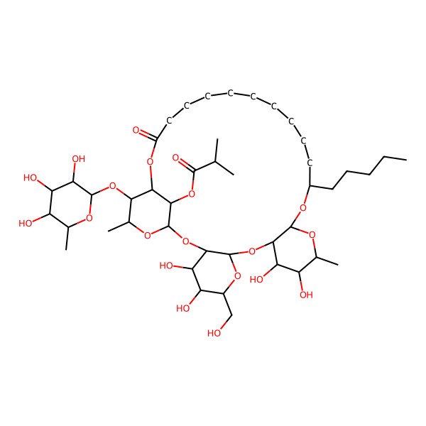 2D Structure of [4,5,11,12-Tetrahydroxy-6-(hydroxymethyl)-13,31-dimethyl-27-oxo-17-pentyl-30-(3,4,5-trihydroxy-6-methyloxan-2-yl)oxy-2,7,9,14,16,28,32-heptaoxatetracyclo[27.3.1.03,8.010,15]tritriacontan-33-yl] 2-methylpropanoate