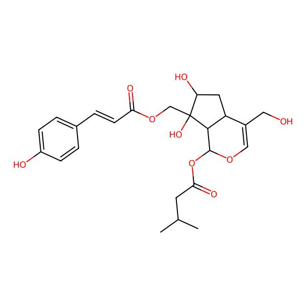 2D Structure of [6,7-dihydroxy-4-(hydroxymethyl)-7-[3-(4-hydroxyphenyl)prop-2-enoyloxymethyl]-4a,5,6,7a-tetrahydro-1H-cyclopenta[c]pyran-1-yl] 3-methylbutanoate