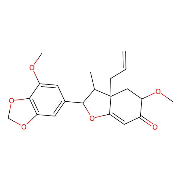 2D Structure of (2S,3S,3aR,5R)-5-methoxy-2-(7-methoxy-1,3-benzodioxol-5-yl)-3-methyl-3a-prop-2-enyl-2,3,4,5-tetrahydro-1-benzofuran-6-one