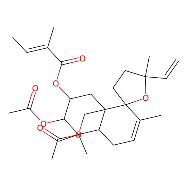 2D Structure of [(2R,3S,4aS,5'R,8R,8aS)-3-acetyloxy-8a-(acetyloxymethyl)-5'-ethenyl-4,4,5',7-tetramethylspiro[2,3,4a,5-tetrahydro-1H-naphthalene-8,2'-oxolane]-2-yl] (Z)-2-methylbut-2-enoate