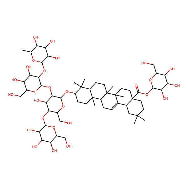 2D Structure of [(2S,3R,4S,5S,6R)-3,4,5-trihydroxy-6-(hydroxymethyl)oxan-2-yl] (4aS,6aR,6aS,6bR,8aR,10S,12aR,14bS)-10-[(2R,3R,4S,5S,6R)-3-[(2S,3R,4S,5S,6R)-4,5-dihydroxy-6-(hydroxymethyl)-3-[(2S,3R,4R,5R,6S)-3,4,5-trihydroxy-6-methyloxan-2-yl]oxyoxan-2-yl]oxy-4-hydroxy-6-(hydroxymethyl)-5-[(2S,3R,4S,5S,6R)-3,4,5-trihydroxy-6-(hydroxymethyl)oxan-2-yl]oxyoxan-2-yl]oxy-2,2,6a,6b,9,9,12a-heptamethyl-1,3,4,5,6,6a,7,8,8a,10,11,12,13,14b-tetradecahydropicene-4a-carboxylate