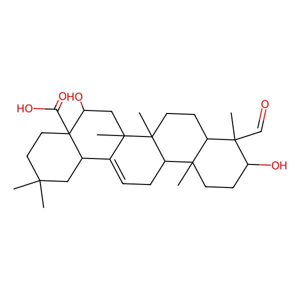 2D Structure of 9-Formyl-5,10-dihydroxy-2,2,6a,6b,9,12a-hexamethyl-1,3,4,5,6,6a,7,8,8a,10,11,12,13,14b-tetradecahydropicene-4a-carboxylic acid