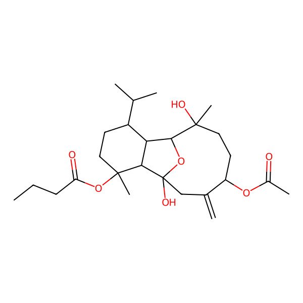 2D Structure of [(1S,2S,3S,6S,7S,8S,9S,12R)-12-acetyloxy-1,9-dihydroxy-3,9-dimethyl-13-methylidene-6-propan-2-yl-15-oxatricyclo[6.6.1.02,7]pentadecan-3-yl] butanoate