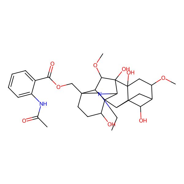 2D Structure of [(1S,2R,3R,4S,5S,6S,8R,9R,10S,13S,16S,17R,18S)-11-ethyl-4,8,9,16-tetrahydroxy-6,18-dimethoxy-11-azahexacyclo[7.7.2.12,5.01,10.03,8.013,17]nonadecan-13-yl]methyl 2-acetamidobenzoate