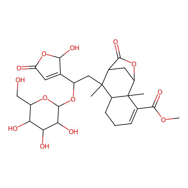 2D Structure of methyl (1S,2R,7S,8S,9R)-8-[2-(2-hydroxy-5-oxo-2H-furan-3-yl)-2-[(2R,3R,4S,5S,6R)-3,4,5-trihydroxy-6-(hydroxymethyl)oxan-2-yl]oxyethyl]-2,8-dimethyl-10-oxo-11-oxatricyclo[7.2.1.02,7]dodec-3-ene-3-carboxylate