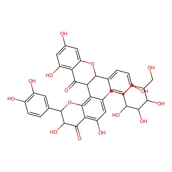 2D Structure of (2S,3R)-8-[(2S,3R)-5,7-dihydroxy-2-(4-hydroxyphenyl)-4-oxo-2,3-dihydrochromen-3-yl]-2-(3,4-dihydroxyphenyl)-3,5-dihydroxy-7-[(2S,3R,4S,5S,6R)-3,4,5-trihydroxy-6-(hydroxymethyl)oxan-2-yl]oxy-2,3-dihydrochromen-4-one