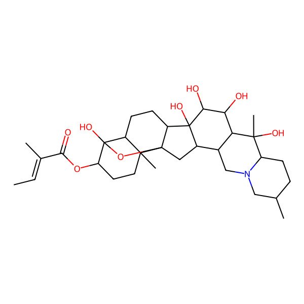 2D Structure of (10,12,13,14,23-Pentahydroxy-6,10,19-trimethyl-24-oxa-4-azaheptacyclo[12.12.0.02,11.04,9.015,25.018,23.019,25]hexacosan-22-yl) 2-methylbut-2-enoate