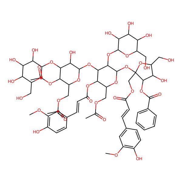 2D Structure of [(2S,3S,4R,5R)-2-[(2R,3R,4S,5R,6R)-4-[(2R,3R,4R,5R,6R)-5-acetyloxy-6-(acetyloxymethyl)-3-hydroxy-4-[(2R,3R,4S,5S,6R)-3,4,5-trihydroxy-6-(hydroxymethyl)oxan-2-yl]oxyoxan-2-yl]oxy-6-(acetyloxymethyl)-5-[(E)-3-(4-hydroxy-3-methoxyphenyl)prop-2-enoyl]oxy-3-[(2S,3R,4S,5S,6R)-3,4,5-trihydroxy-6-(hydroxymethyl)oxan-2-yl]oxyoxan-2-yl]oxy-4-hydroxy-2-[[(E)-3-(4-hydroxy-3-methoxyphenyl)prop-2-enoyl]oxymethyl]-5-(hydroxymethyl)oxolan-3-yl] benzoate