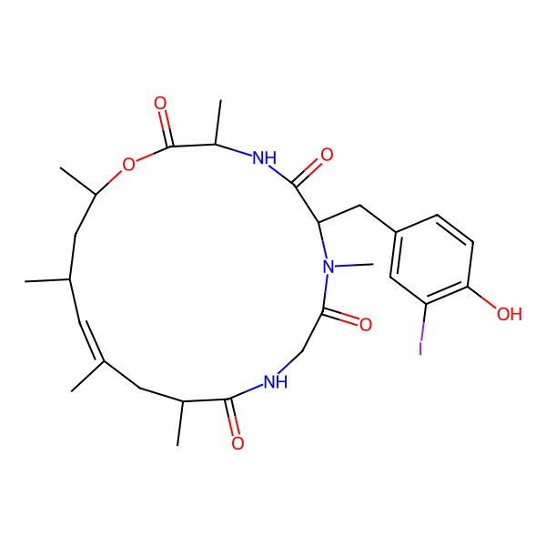 2D Structure of (3S,6R,12S,14E,16R,18S)-6-[(4-hydroxy-3-iodophenyl)methyl]-3,7,12,14,16,18-hexamethyl-1-oxa-4,7,10-triazacyclooctadec-14-ene-2,5,8,11-tetrone