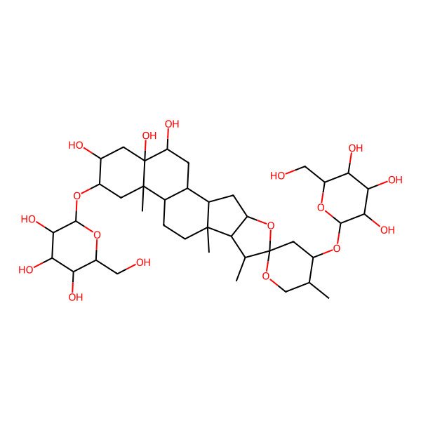 2D Structure of 5',7,9,13-Tetramethyl-4',15-bis[[3,4,5-trihydroxy-6-(hydroxymethyl)oxan-2-yl]oxy]spiro[5-oxapentacyclo[10.8.0.02,9.04,8.013,18]icosane-6,2'-oxane]-16,18,19-triol