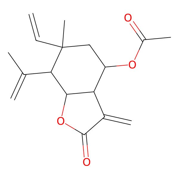 2D Structure of (6-ethenyl-6-methyl-3-methylidene-2-oxo-7-prop-1-en-2-yl-4,5,7,7a-tetrahydro-3aH-1-benzofuran-4-yl) acetate