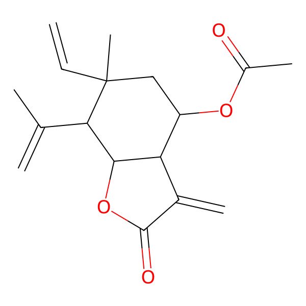 2D Structure of (6-ethenyl-6-methyl-3-methylidene-2-oxo-7-prop-1-en-2-yl-4,5,7,7a-tetrahydro-3aH-1-benzofuran-4-yl) acetate 2D Structure of (6-ethenyl-6-methyl-3-methylidene-2-oxo-7-prop-1-en-2-yl-4,5,7,7a-tetrahydro-3aH-1-benzofuran-4-yl) acetate