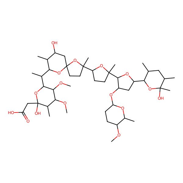 2D Structure of 2-[(2R,3S,4S,5R,6S)-2-hydroxy-6-[(1R)-1-[(2S,5R,7S,8R,9S)-7-hydroxy-2-[(2R,5S)-5-[(2R,3S,5R)-5-[(2S,3S,5R,6S)-6-hydroxy-3,5,6-trimethyloxan-2-yl]-3-[(2S,5R,6S)-5-methoxy-6-methyloxan-2-yl]oxyoxolan-2-yl]-5-methyloxolan-2-yl]-2,8-dimethyl-1,10-dioxaspiro[4.5]decan-9-yl]ethyl]-4,5-dimethoxy-3-methyloxan-2-yl]acetic acid