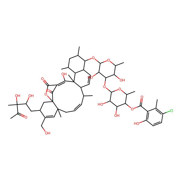 2D Structure of [6-[2-[[3-(2,3-Dihydroxy-3-methyl-4-oxopentyl)-21-hydroxy-4-(hydroxymethyl)-6,10,16,18,20-pentamethyl-23,25-dioxo-24-oxapentacyclo[20.2.1.01,6.011,20.014,19]pentacosa-4,8,12,21-tetraen-15-yl]oxy]-3,5-dihydroxy-6-methyloxan-4-yl]oxy-4,5-dihydroxy-2-methyloxan-3-yl] 3-chloro-6-hydroxy-2-methylbenzoate