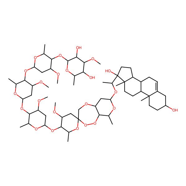 2D Structure of (2S,3R,4S,5S,6R)-2-[(2R,3R,4S,6S)-6-[(2R,3R,4S,6S)-6-[(2R,3R,4S,6S)-6-[(2'R,3S,3'R,4'R,5aR,7S,9R,9aR)-7-[(1R)-1-[(3S,8R,9S,10R,13S,14S,17R)-3,17-dihydroxy-10,13-dimethyl-1,2,3,4,7,8,9,11,12,14,15,16-dodecahydrocyclopenta[a]phenanthren-17-yl]ethoxy]-4'-methoxy-2',9-dimethylspiro[4,5a,6,7,9,9a-hexahydropyrano[3,4-c][1,2,5]trioxepine-3,6'-oxane]-3'-yl]oxy-4-methoxy-2-methyloxan-3-yl]oxy-4-methoxy-2-methyloxan-3-yl]oxy-4-methoxy-2-methyloxan-3-yl]oxy-4-methoxy-6-methyloxane-3,5-diol