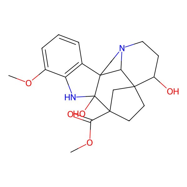 2D Structure of methyl (1R,9R,10R,13S,14S,20S)-9,14-dihydroxy-6-methoxy-8,17-diazahexacyclo[11.6.1.110,13.01,9.02,7.017,20]henicosa-2(7),3,5-triene-10-carboxylate