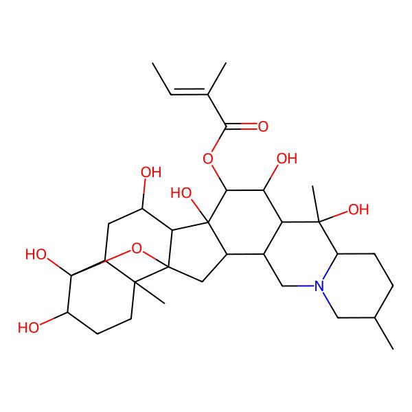 2D Structure of (10,12,14,16,22,23-Hexahydroxy-6,10,19-trimethyl-24-oxa-4-azaheptacyclo[12.12.0.02,11.04,9.015,25.018,23.019,25]hexacosan-13-yl) 2-methylbut-2-enoate