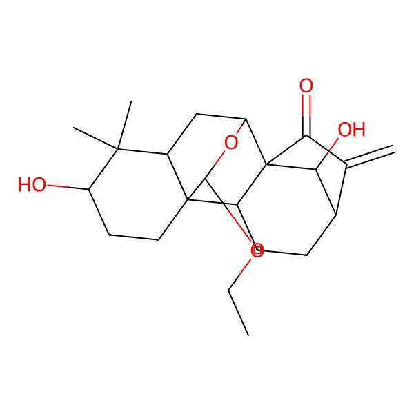 2D Structure of 16-Ethoxy-13,18-dihydroxy-12,12-dimethyl-6-methylidene-17-oxapentacyclo[7.6.2.15,8.01,11.02,8]octadecan-7-one