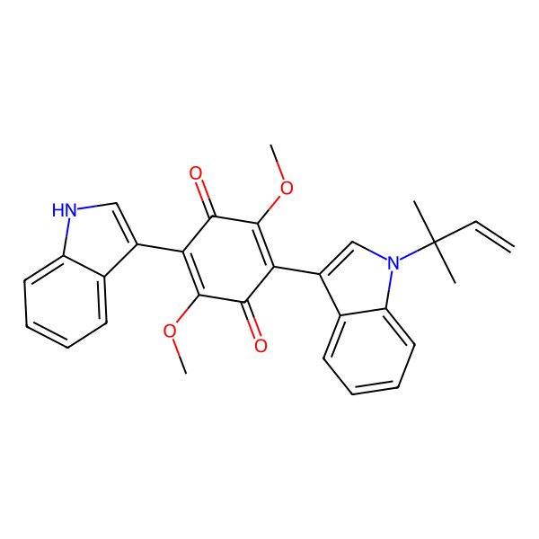2D Structure of 2-(1H-Indol-3-yl)-3,6-dimethoxy-5-[1-(2-methylbut-3-en-2-yl)-1H-indol-3-yl]cyclohexa-2,5-diene-1,4-dione