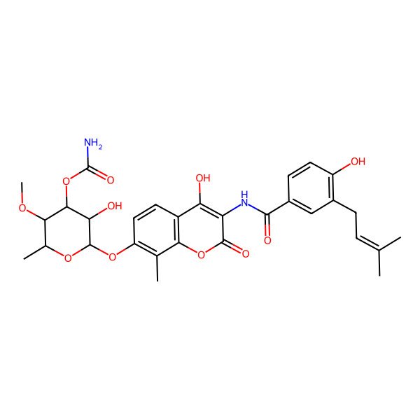 2D Structure of [3-Hydroxy-2-[4-hydroxy-3-[[4-hydroxy-3-(3-methylbut-2-enyl)benzoyl]amino]-8-methyl-2-oxochromen-7-yl]oxy-5-methoxy-6-methyloxan-4-yl] carbamate