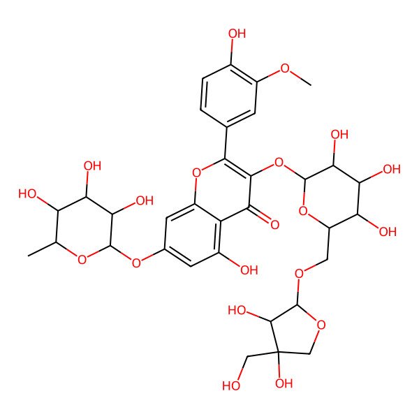 2D Structure of 3-[(2S,3R,4S,5S,6R)-6-[[(2R,3R,4R)-3,4-dihydroxy-4-(hydroxymethyl)oxolan-2-yl]oxymethyl]-3,4,5-trihydroxyoxan-2-yl]oxy-5-hydroxy-2-(4-hydroxy-3-methoxyphenyl)-7-[(2S,3R,4R,5R,6S)-3,4,5-trihydroxy-6-methyloxan-2-yl]oxychromen-4-one