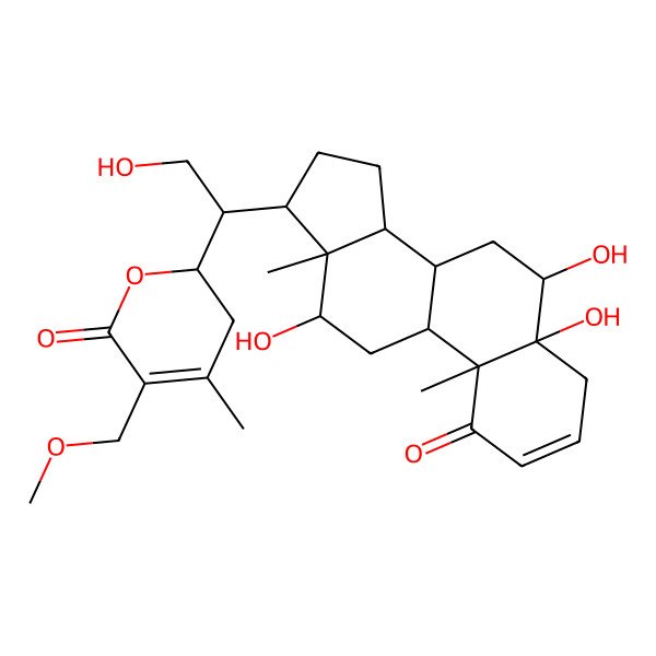 2D Structure of (2R)-2-[(1S)-2-hydroxy-1-[(5R,6R,8S,9S,10R,12R,13S,14S,17R)-5,6,12-trihydroxy-10,13-dimethyl-1-oxo-6,7,8,9,11,12,14,15,16,17-decahydro-4H-cyclopenta[a]phenanthren-17-yl]ethyl]-5-(methoxymethyl)-4-methyl-2,3-dihydropyran-6-one