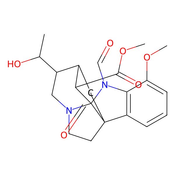 2D Structure of methyl (1S,9S,10S,11R,12R)-8-formyl-12-[(1R)-1-hydroxyethyl]-6-methoxy-17-oxo-8,14-diazapentacyclo[9.5.2.01,9.02,7.09,14]octadeca-2(7),3,5-triene-10-carboxylate