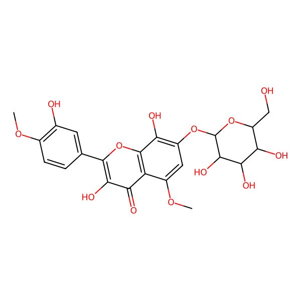 2D Structure of 3,8-dihydroxy-2-(3-hydroxy-4-methoxyphenyl)-5-methoxy-7-[(2R,3R,4S,5S,6R)-3,4,5-trihydroxy-6-(hydroxymethyl)oxan-2-yl]oxychromen-4-one