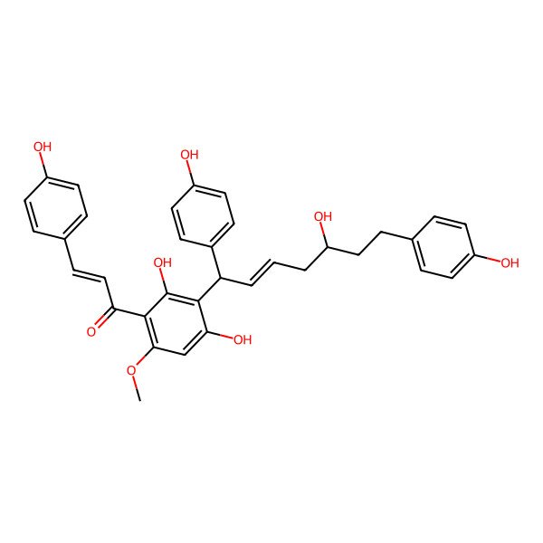 2D Structure of 1-[2,4-dihydroxy-3-[(1R)-5-hydroxy-1,7-bis(4-hydroxyphenyl)hept-2-enyl]-6-methoxyphenyl]-3-(4-hydroxyphenyl)prop-2-en-1-one