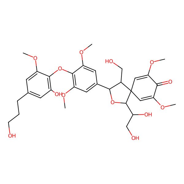 2D Structure of 1-(1,2-Dihydroxyethyl)-3-[4-[2-hydroxy-4-(3-hydroxypropyl)-6-methoxyphenoxy]-3,5-dimethoxyphenyl]-4-(hydroxymethyl)-7,9-dimethoxy-2-oxaspiro[4.5]deca-6,9-dien-8-one