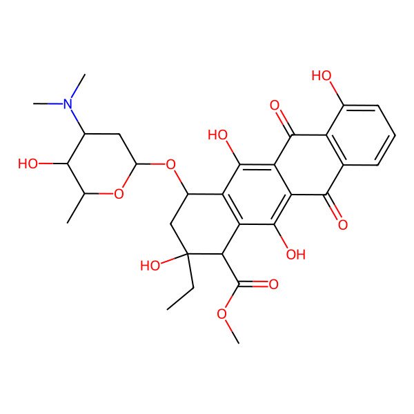 2D Structure of methyl (1R,2S,4R)-4-[(2S,4S,5S,6S)-4-(dimethylamino)-5-hydroxy-6-methyloxan-2-yl]oxy-2-ethyl-2,5,7,12-tetrahydroxy-6,11-dioxo-3,4-dihydro-1H-tetracene-1-carboxylate