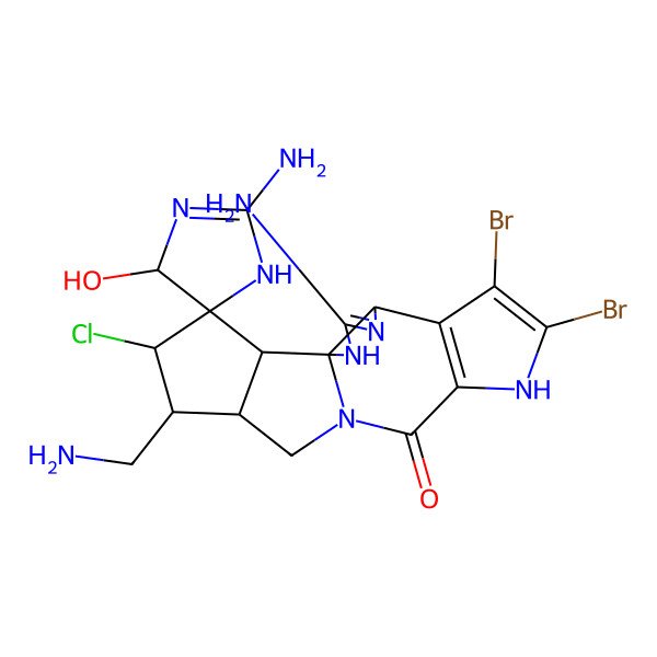 2D Structure of (1'S,4R,5S,5'R,14'S,15'R,16'S,18'R)-2,3'-diamino-15'-(aminomethyl)-7',8'-dibromo-16'-chloro-4-hydroxyspiro[1,4-dihydroimidazole-5,17'-2,4,9,12-tetrazapentacyclo[10.6.0.01,5.06,10.014,18]octadeca-3,6(10),7-triene]-11'-one