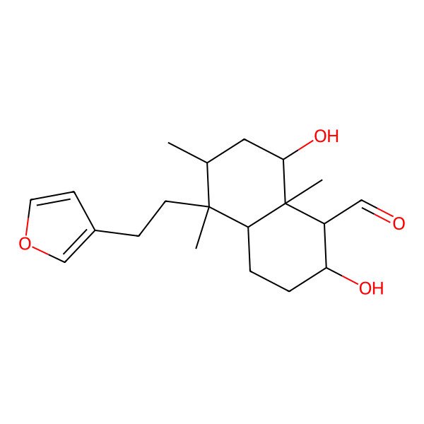 2D Structure of (1S,2R,4aS,5R,6S,8S,8aS)-5-[2-(furan-3-yl)ethyl]-2,8-dihydroxy-5,6,8a-trimethyl-1,2,3,4,4a,6,7,8-octahydronaphthalene-1-carbaldehyde