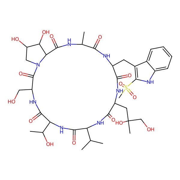 2D Structure of 12-(2,3-dihydroxy-2-methylpropyl)-22,23-dihydroxy-6-(1-hydroxyethyl)-3-(hydroxymethyl)-18-methyl-15-[(2-methylsulfonyl-1H-indol-3-yl)methyl]-9-propan-2-yl-1,4,7,10,13,16,19-heptazabicyclo[19.3.0]tetracosane-2,5,8,11,14,17,20-heptone