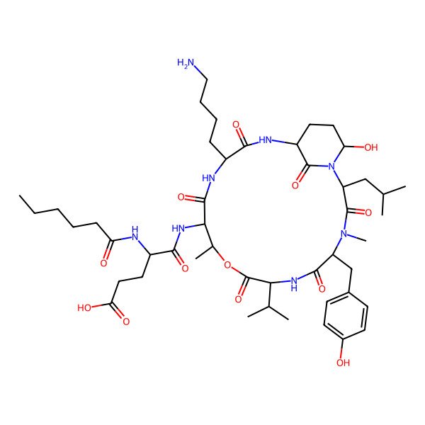 2D Structure of (4S)-5-[[(2S,5S,8S,11R,12S,15S,18S,21S)-15-(4-aminobutyl)-21-hydroxy-5-[(4-hydroxyphenyl)methyl]-4,11-dimethyl-2-(2-methylpropyl)-3,6,9,13,16,22-hexaoxo-8-propan-2-yl-10-oxa-1,4,7,14,17-pentazabicyclo[16.3.1]docosan-12-yl]amino]-4-(hexanoylamino)-5-oxopentanoic acid