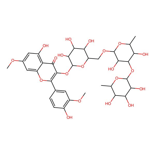 2D Structure of 3-[(2R,3S,4R,5S,6S)-6-[[(2S,3S,4S,5R,6R)-3,5-dihydroxy-6-methyl-4-[(2R,3S,4S,5S,6R)-3,4,5-trihydroxy-6-methyloxan-2-yl]oxyoxan-2-yl]oxymethyl]-3,4,5-trihydroxyoxan-2-yl]oxy-5-hydroxy-2-(4-hydroxy-3-methoxyphenyl)-7-methoxychromen-4-one