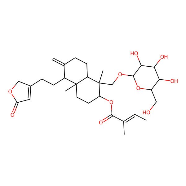 2D Structure of [1,4a-dimethyl-6-methylidene-5-[2-(5-oxo-2H-furan-3-yl)ethyl]-1-[[3,4,5-trihydroxy-6-(hydroxymethyl)oxan-2-yl]oxymethyl]-3,4,5,7,8,8a-hexahydro-2H-naphthalen-2-yl] 2-methylbut-2-enoate