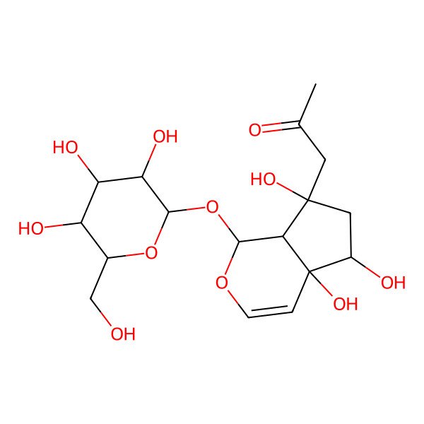 2D Structure of 1-[(1S,4aS,5R,7R,7aR)-4a,5,7-trihydroxy-1-[(2S,3R,4S,5S,6R)-3,4,5-trihydroxy-6-(hydroxymethyl)oxan-2-yl]oxy-1,5,6,7a-tetrahydrocyclopenta[c]pyran-7-yl]propan-2-one