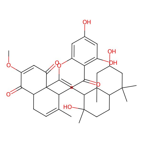 2D Structure of (4aR,8R,8aS)-8-[[(1R,2R,4aS,7S,8aS)-2,7-dihydroxy-2,5,5,8a-tetramethyl-3,4,4a,6,7,8-hexahydro-1H-naphthalen-1-yl]methyl]-8a-(5,7-dihydroxy-4-oxochromen-2-yl)-3-methoxy-7-methyl-5,8-dihydro-4aH-naphthalene-1,4-dione
