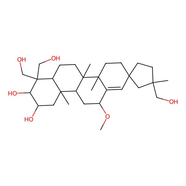 2D Structure of (1'R,2S,3R,4aR,4bR,6S,8R,10aS,10bR,12aR)-1,1,1'-tris(hydroxymethyl)-6-methoxy-1',4a,10a,10b-tetramethylspiro[3,4,4b,5,6,9,10,11,12,12a-decahydro-2H-chrysene-8,3'-cyclopentane]-2,3-diol
