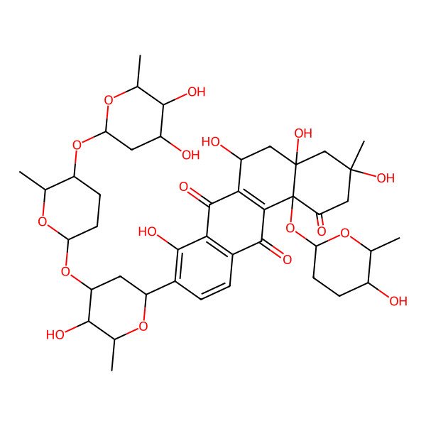 2D Structure of (3R,4aS,6R,12bS)-9-[(2R,4R,5R,6R)-4-[(2S,5S,6S)-5-[(2S,4R,5S,6R)-4,5-dihydroxy-6-methyl-tetrahydropyran-2-yl]oxy-6-methyl-tetrahydropyran-2-yl]oxy-5-hydroxy-6-methyl-tetrahydropyran-2-yl]-3,4a,6,8-tetrahydroxy-12b-[(2S,5S,6S)-5-hydroxy-6-methyl-tetrahydropyran-2-yl]oxy-3-methyl-2,4,5,6-tetrahydrobenzo[a]anthracene-1,7,12-trione