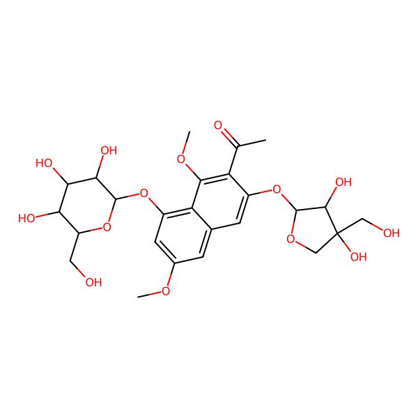 2D Structure of 1-[3-[(2R,3S,4S)-3,4-dihydroxy-4-(hydroxymethyl)oxolan-2-yl]oxy-1,6-dimethoxy-8-[(2S,3R,4S,5S,6R)-3,4,5-trihydroxy-6-(hydroxymethyl)oxan-2-yl]oxynaphthalen-2-yl]ethanone