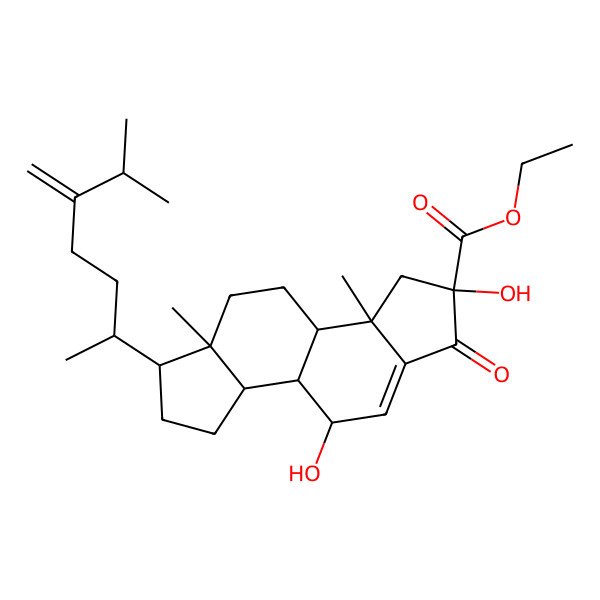 2D Structure of Ethyl 2,9-dihydroxy-3a,5a-dimethyl-6-(6-methyl-5-methylideneheptan-2-yl)-1-oxo-3,3b,4,5,6,7,8,8a,8b,9-decahydroindeno[5,4-e]indene-2-carboxylate