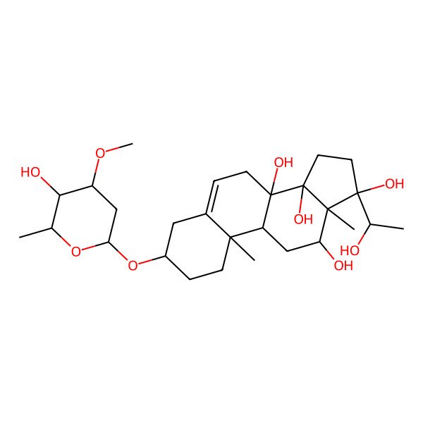 2D Structure of (3S,8S,9R,10R,12R,13R,14R,17S)-17-[(1S)-1-hydroxyethyl]-3-[(2R,4S,5R,6R)-5-hydroxy-4-methoxy-6-methyloxan-2-yl]oxy-10,13-dimethyl-1,2,3,4,7,9,11,12,15,16-decahydrocyclopenta[a]phenanthrene-8,12,14,17-tetrol